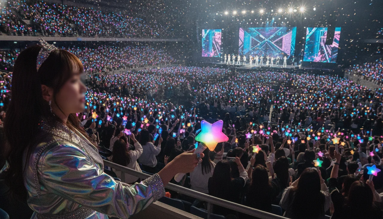 K-pop fan holding a lightstick at a concert