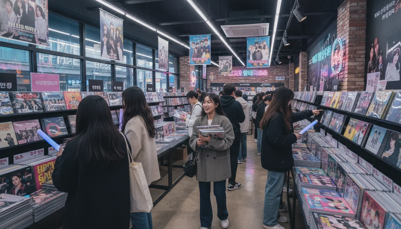 People browsing K-pop albums in a busy record store