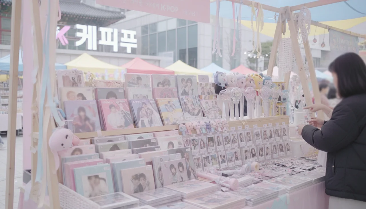 A booth displaying official K-pop merchandise