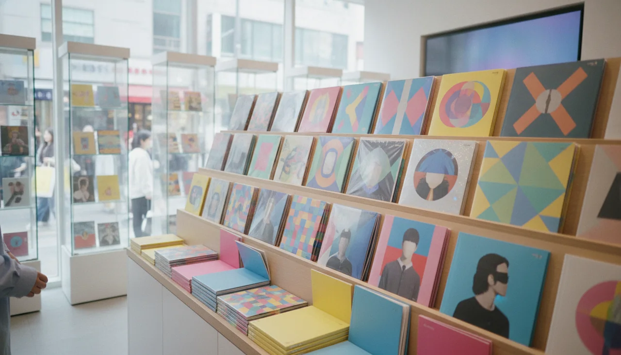 album covers on a music store shelf