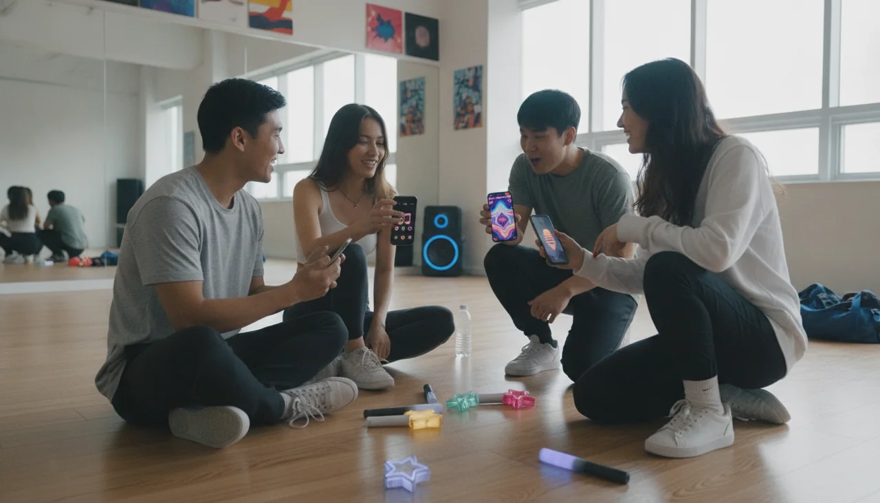 Diverse group of friends discussing K-pop on phones