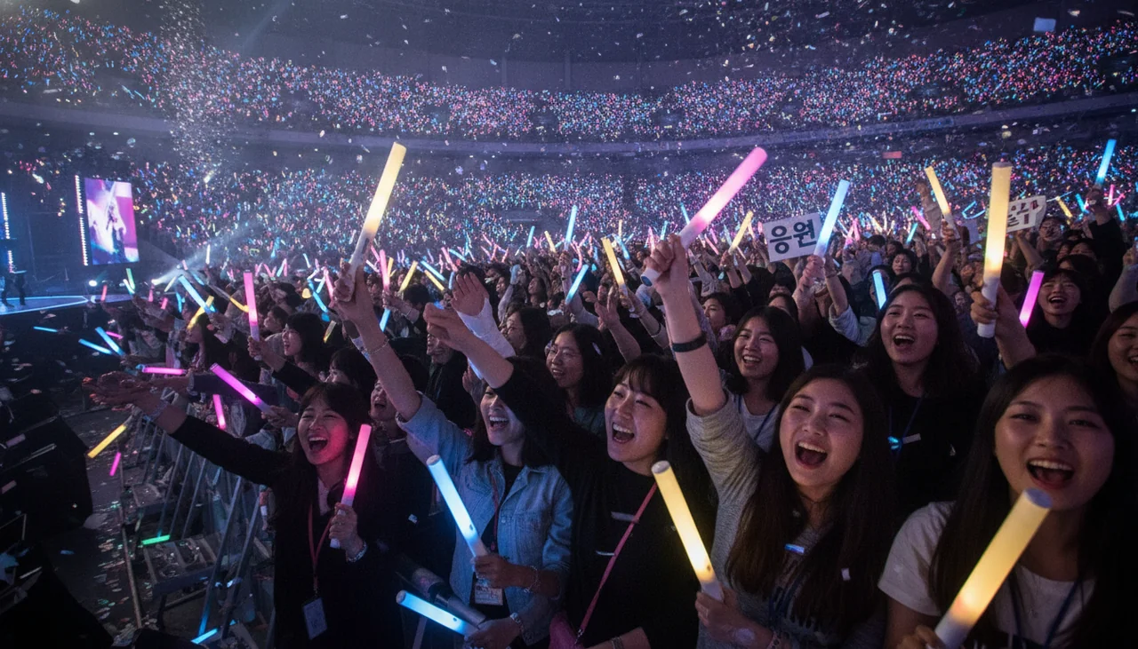 Fans holding lightsticks and cheering in a concert crowd