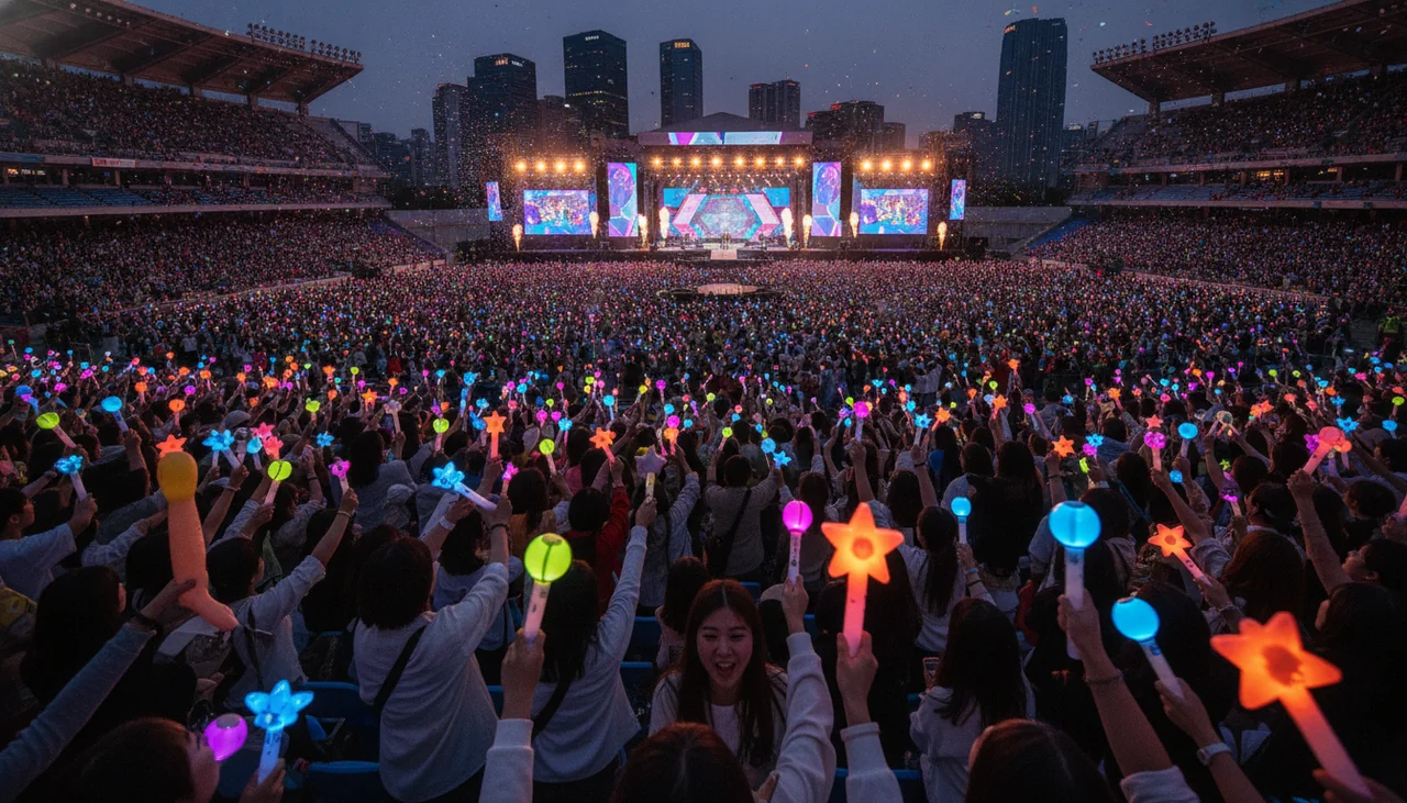 Fans holding lightsticks at a stadium
