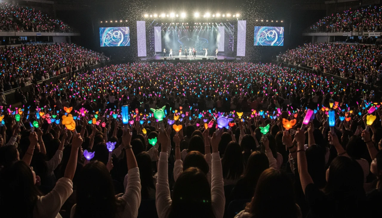 fans holding lightsticks in stadium
