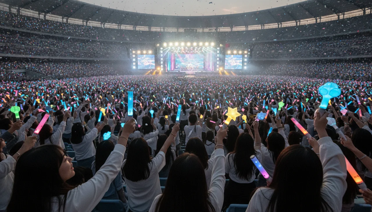 Fans waving lightsticks in a stadium