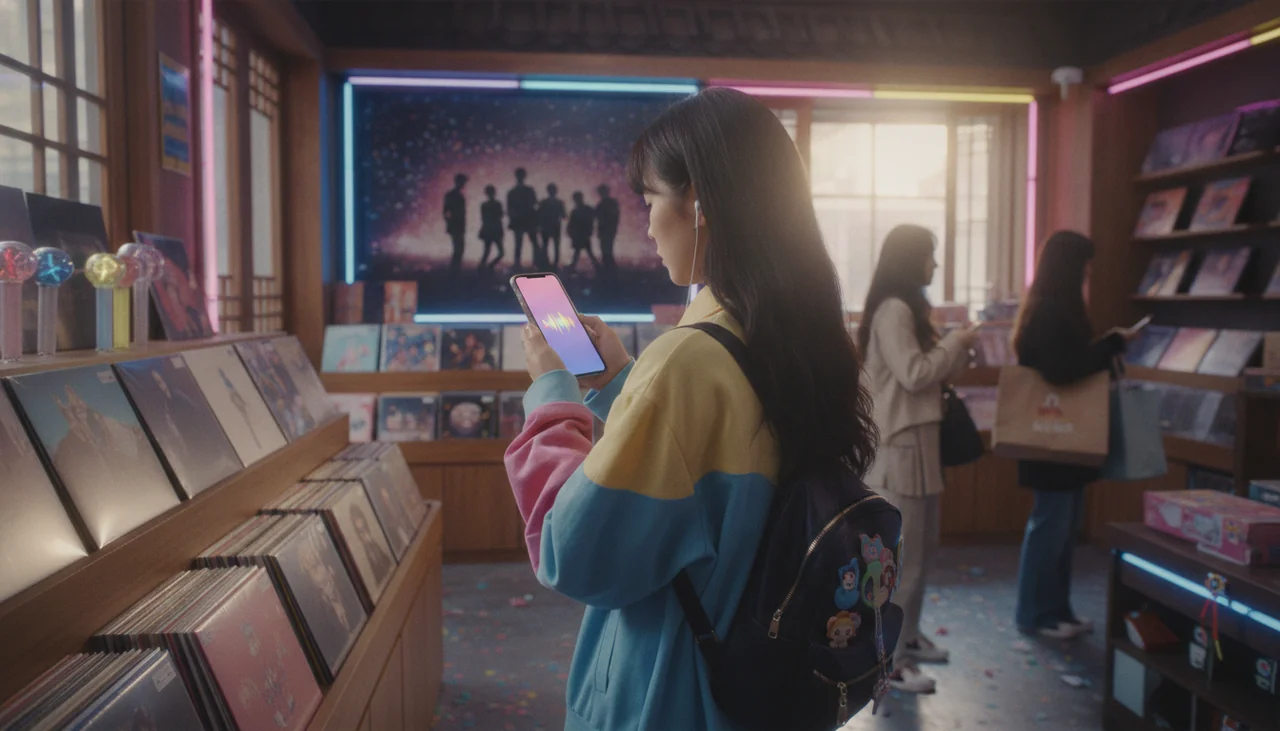 K-pop fan streaming music on phone