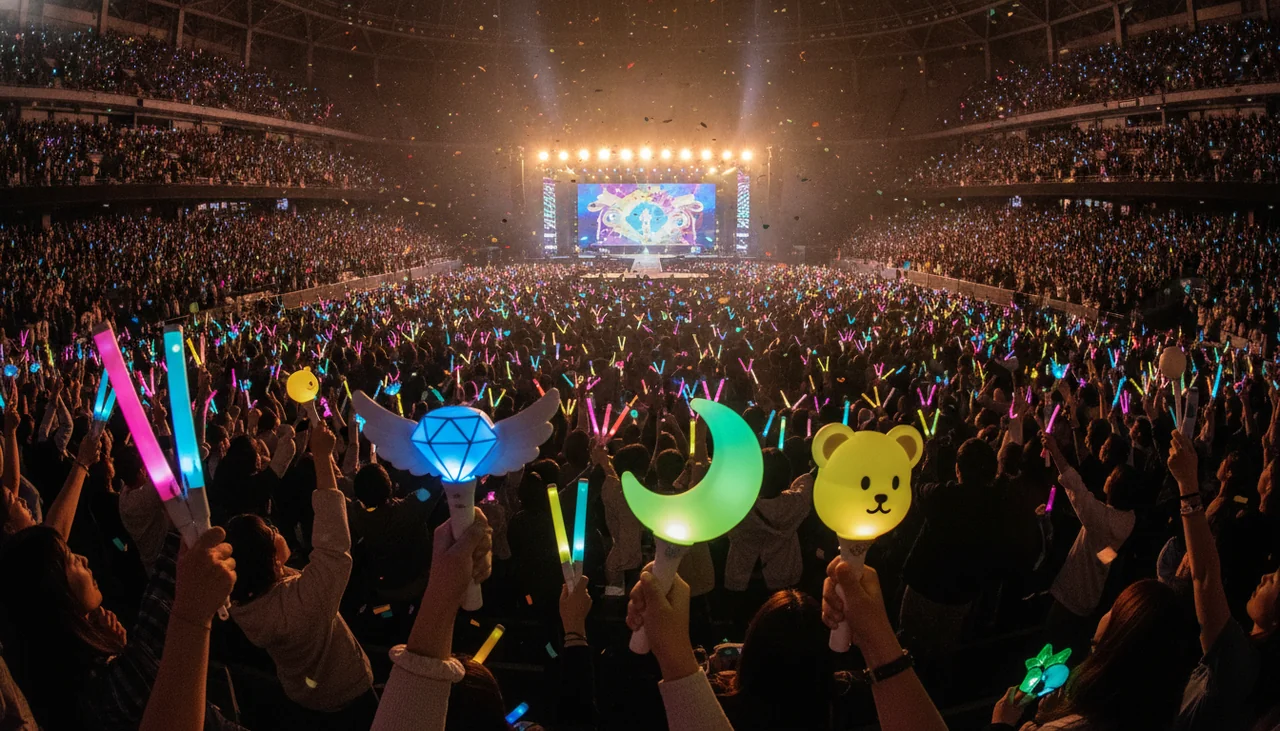 K-pop group lightsticks in cheering crowd