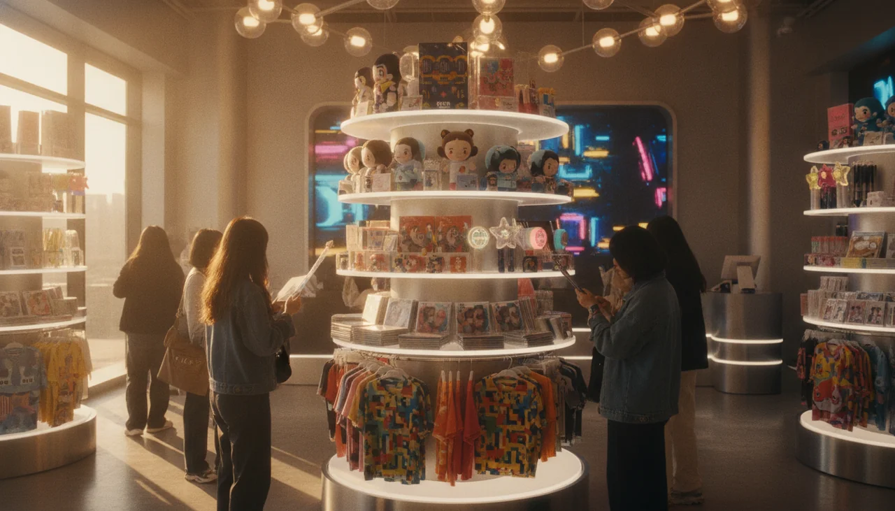 K-pop merchandise display in a vibrant store