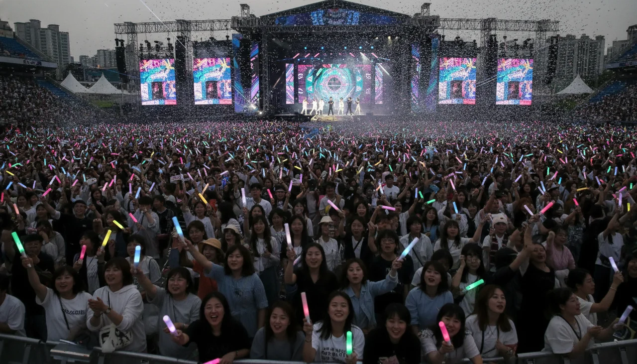People cheering at a K-pop concert with lightsticks