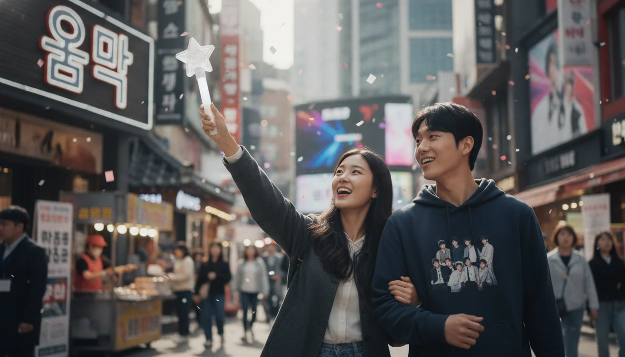 Tourists exploring a vibrant Korean city street