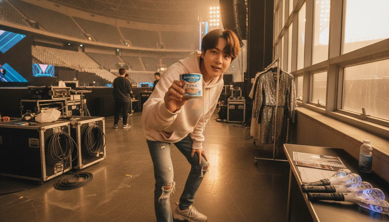 BTS Jin holding a Dongwon Tuna can