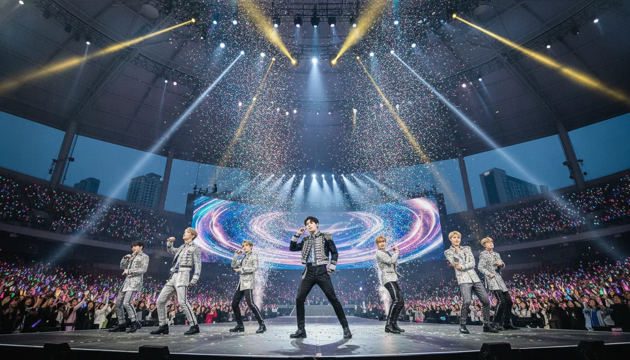 BTS performing on a stadium stage
