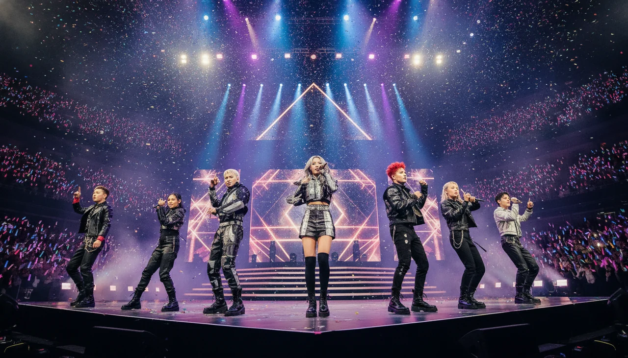 Diverse K-pop group performing on stage