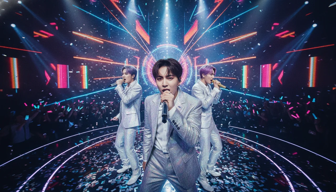 K-pop boy group singing into mic