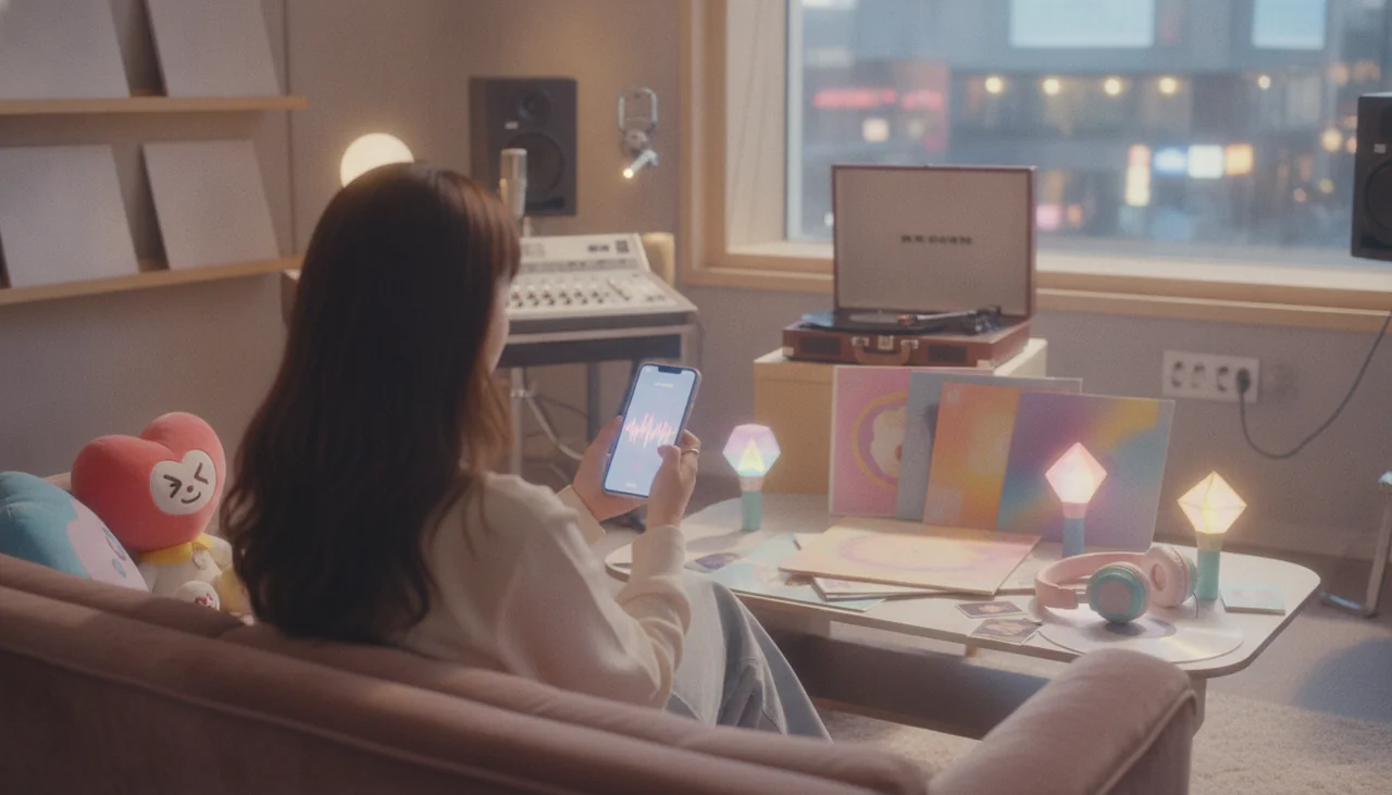 Person streaming music on phone with K-pop merchandise